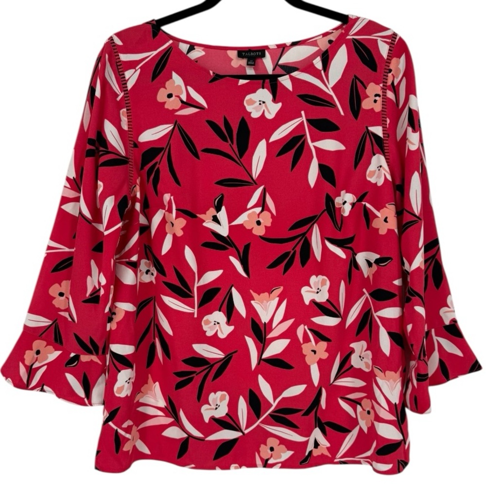 Talbots 3/4 Ruffle Sleeve Floral Blouse Top Coral Pink‎ Size Medium Feminine